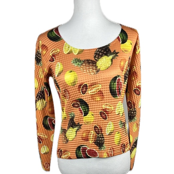 Cache Vtg Textured Colorful Fruit Print Scoop-neck Top Sz S Foodie Y2K 90s - Picture 1 of 12